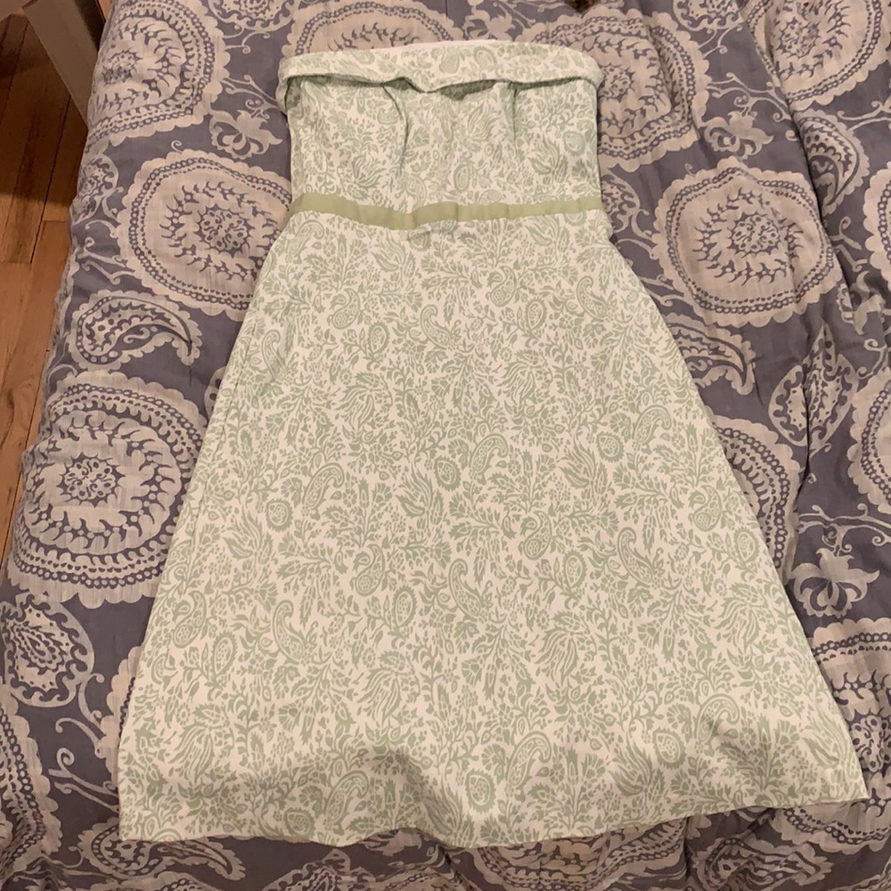 Green and White Strapless Dress size 4 with boning